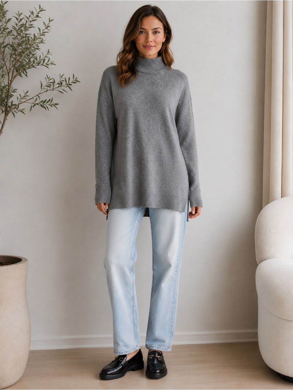 Halogen Cashmere Wool Blend Women’s Long Sweater Turtleneck Gray Size S